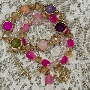 Multi-Color Beaded Bracelet Set (3) w/ stamped charm